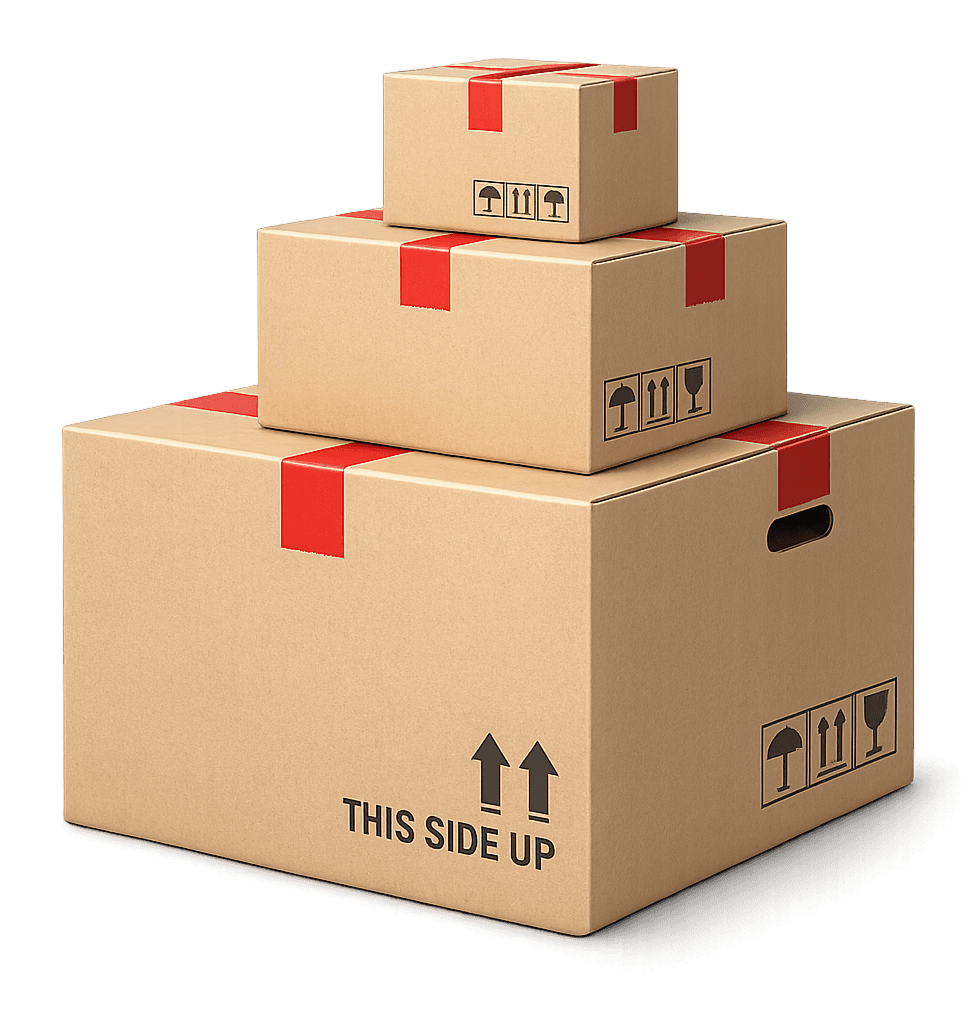 Stack of moving boxes with First Due Movers branding
