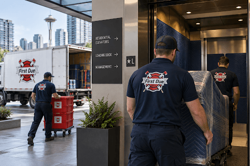 First Due Movers crew moving items into a Seattle apartment building past a lobby sign for residential elevators, loading dock, and management