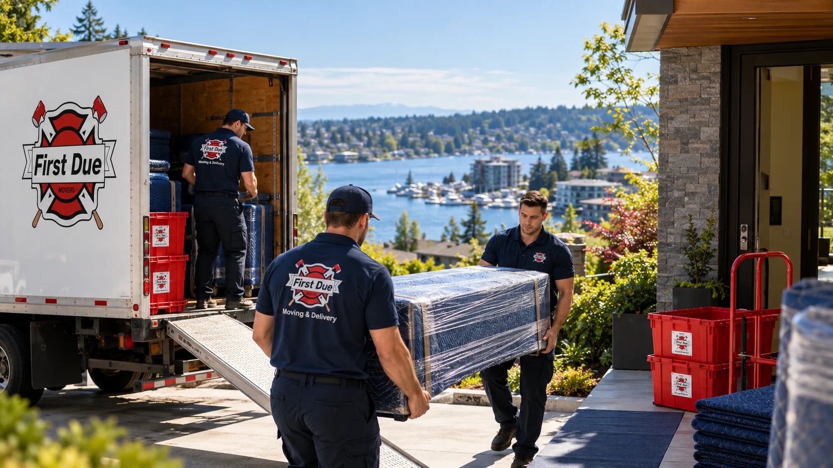 First Due Movers crew carrying a wrapped mattress from a moving truck into a Kirkland hillside home overlooking Lake Washington