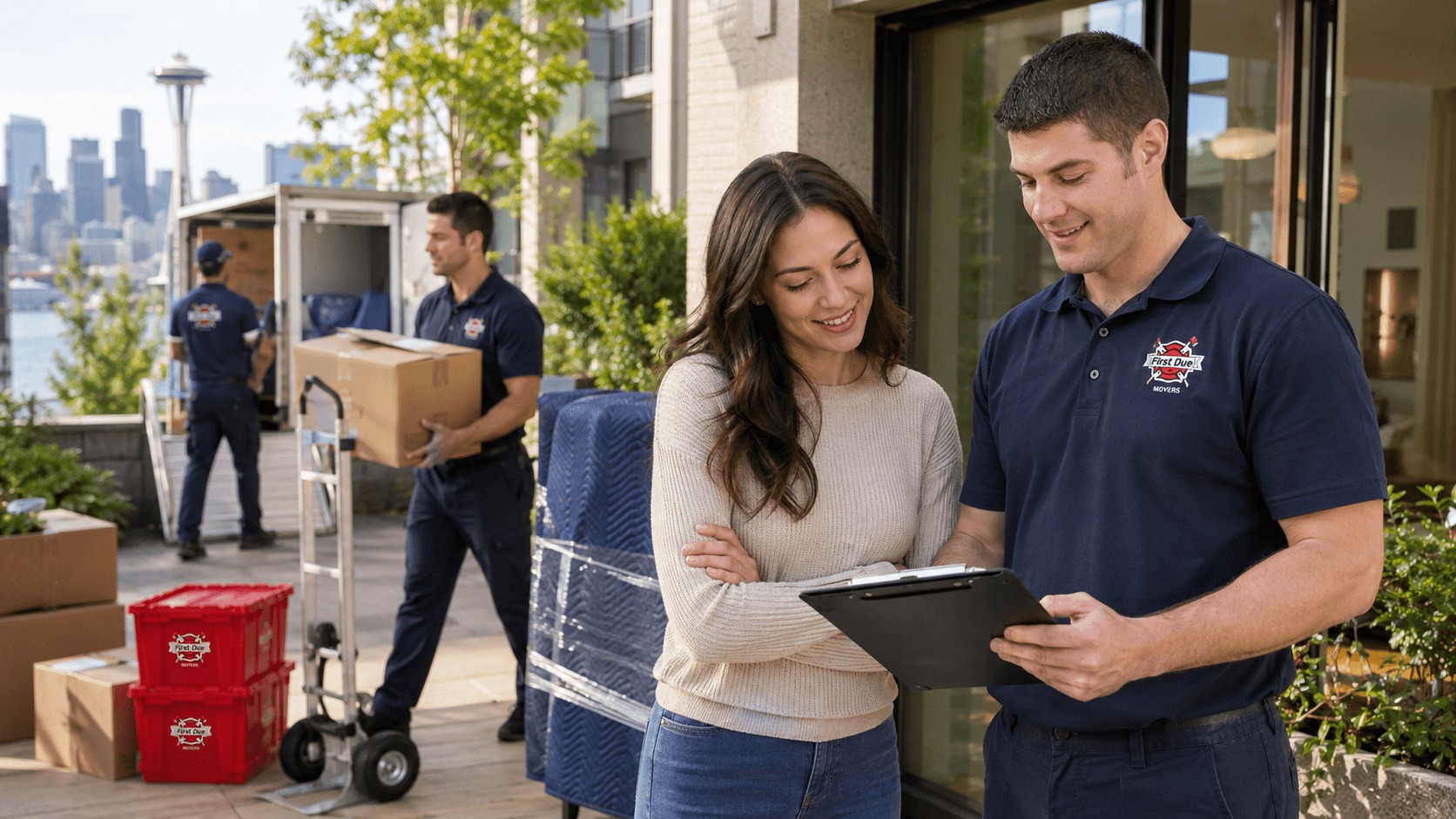 A First Due Movers crew member reviewing a moving estimate with a customer outside a Seattle apartment
