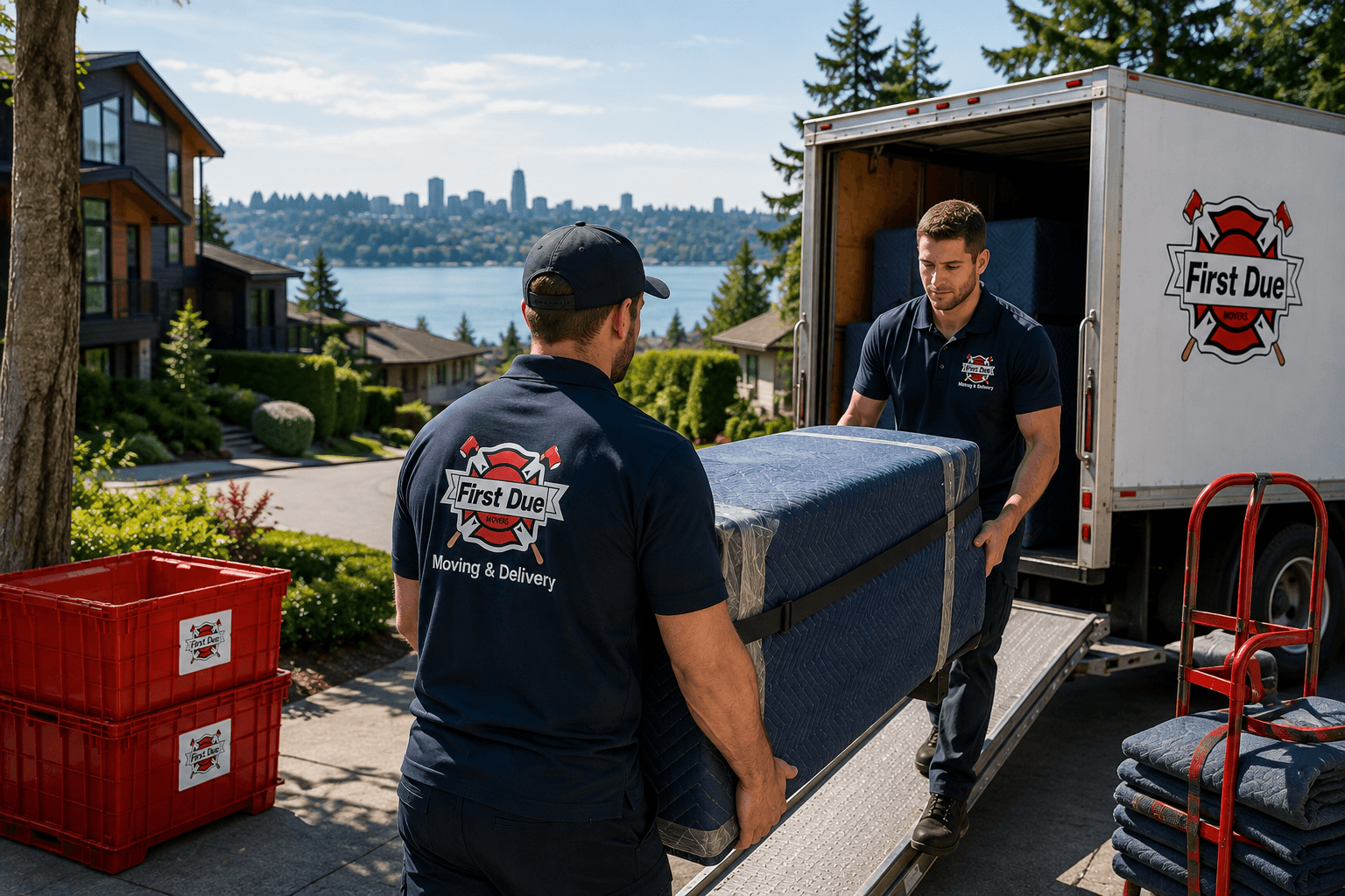 First Due Movers crew loading a wrapped mattress into a moving truck with the Kirkland waterfront and Seattle skyline behind them