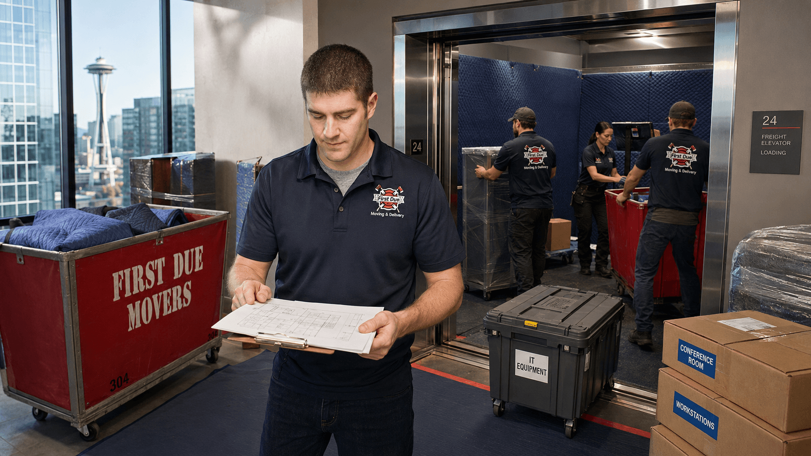 First Due Movers team member in a navy polo reviewing paperwork during a downtown Seattle office move, with the Space Needle visible through the window and crew loading a padded freight elevator