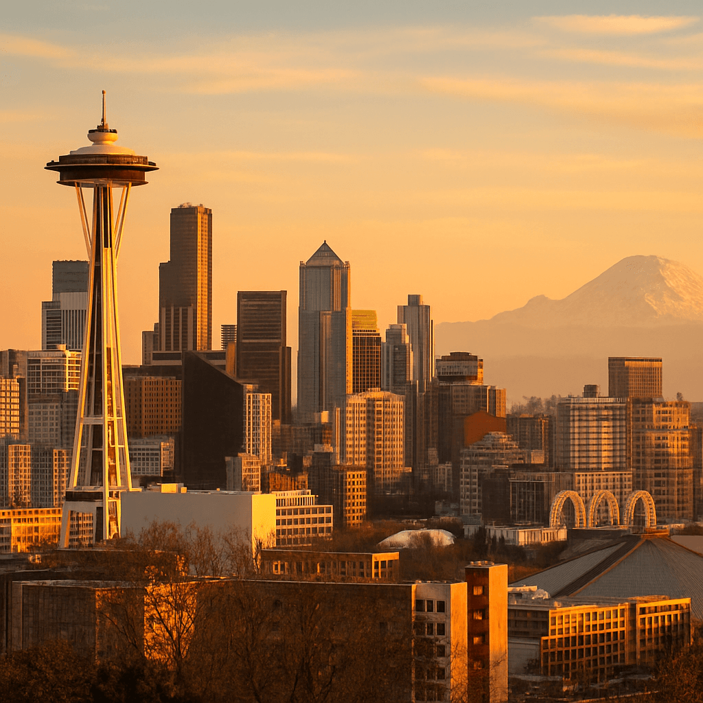 The Seattle skyline at golden hour with the Space Needle and Mount Rainier