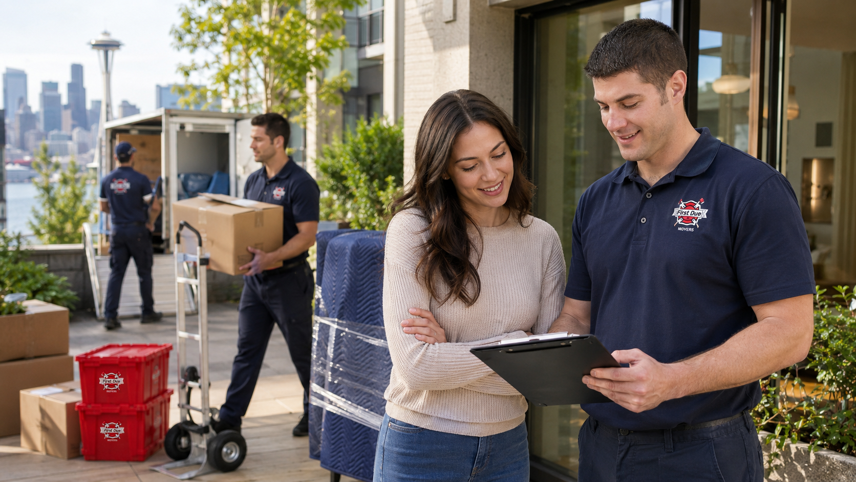 A First Due Movers crew member reviewing a moving estimate with a customer outside a Seattle apartment